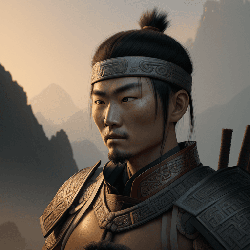 AI generated: Photo of an ancient Chinese warrior in his early 30s, ready to fight in a picturesque grove, dramati...