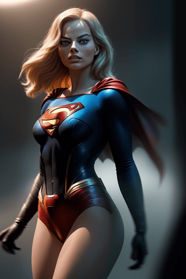 AI generated: Margot Robbie in superman costume, ((Impressive)), ((Unforgettable)), ((Mind-blowing)), ((Vibrant)),...
