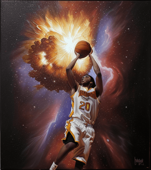AI generated: An expressive oil painting of a basketball player dunking, depicted as an explosion of a nebula