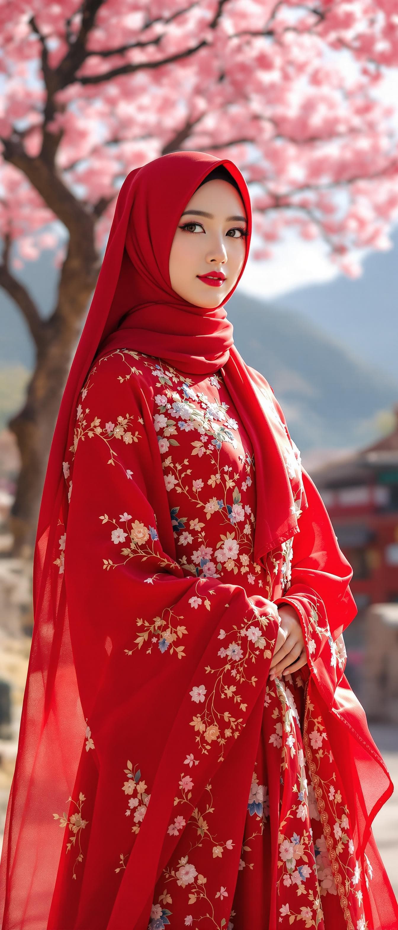 AI generated: A person, korean ulzzang face, japanese girl, red hijab, wearing a red wedding long dress, thighs dr...