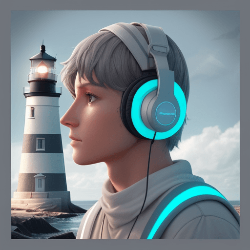 AI generated: I need a square image of a lighthouse in the background someone is using a meta quest tree headset a...