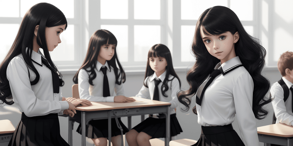 AI generated: A panoramic view of a cyber and future style classroom, gorgeous teacher with class of young boys, w...