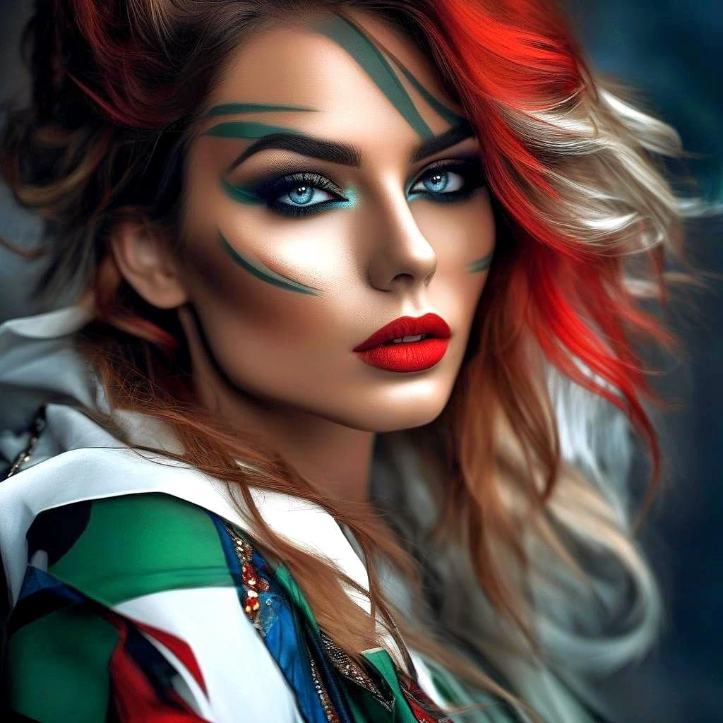 AI generated: A close-up portrait of a young woman with long, wavy blonde hair. She is wearing a colorful outfit w...