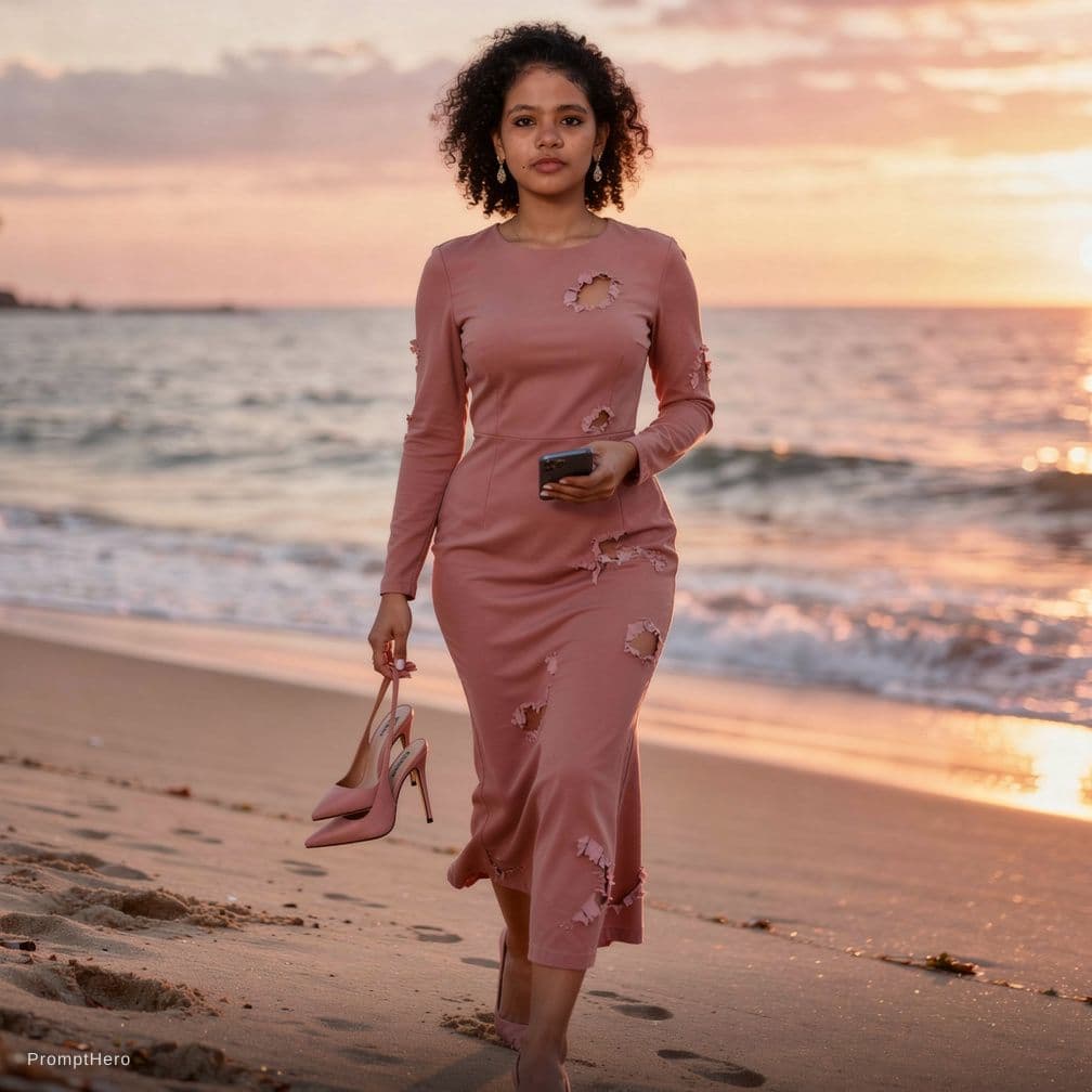 AI generated: Slavic Hot 25year old Hot mom she Has tall Thick thighs posing while walking in a Beach during sunse...