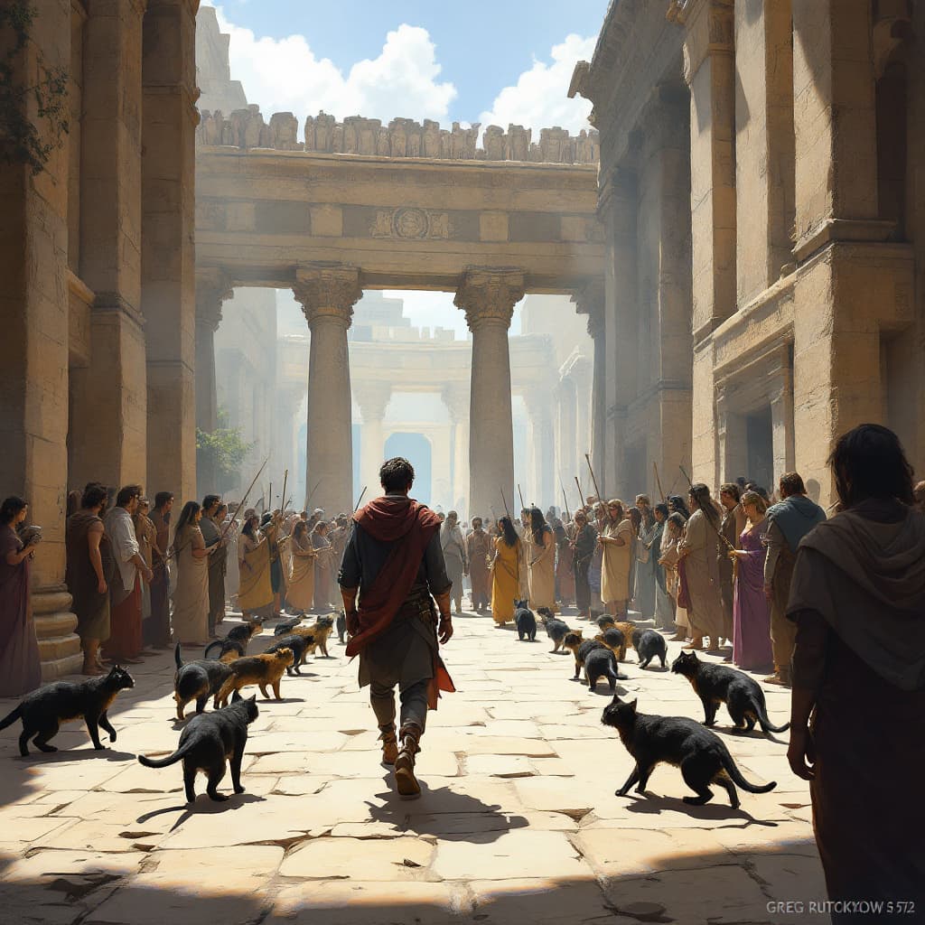 AI generated: Illustration of a man walking the streets with people in ancient CARTHAGE, CATS carry stones to form...
