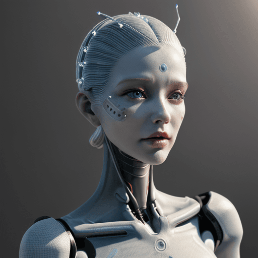AI generated: exquisitely detailed 3D render of a porcelain-profiled woman android. This cyborg masterpiece stands...