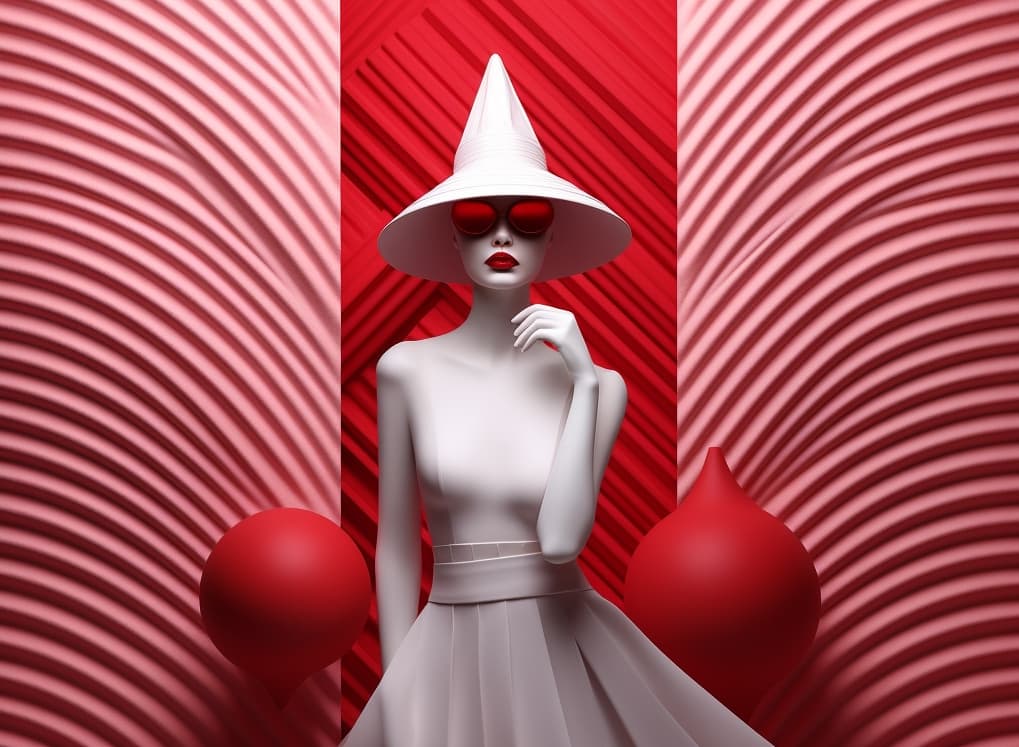 AI generated: woman, red, and white creations, the scene is dominated by dramatic lighting, casting sharp shadows ...