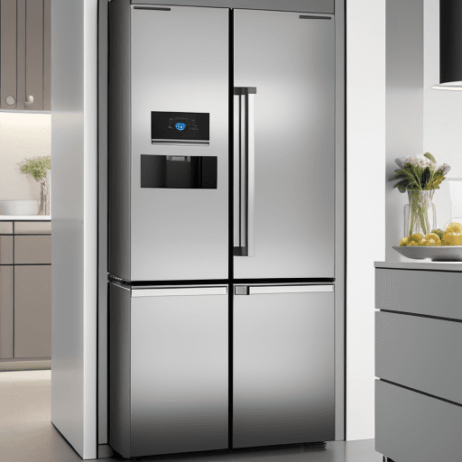 AI generated: a smart modern fridge with a window on its door to search for the missing product standing at the mo...