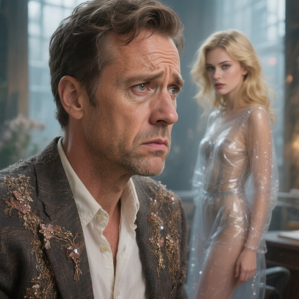 AI generated: a man in his 40s, disappointed in love, looks into the distance where a beautiful blonde woman dress...