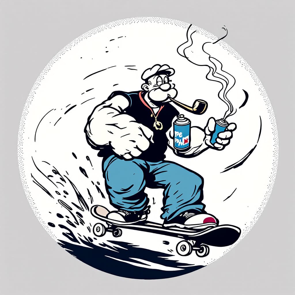 AI generated: round logo style vintage cartoon of popeye riding a skateboard while soking his pipe & holding a spr...