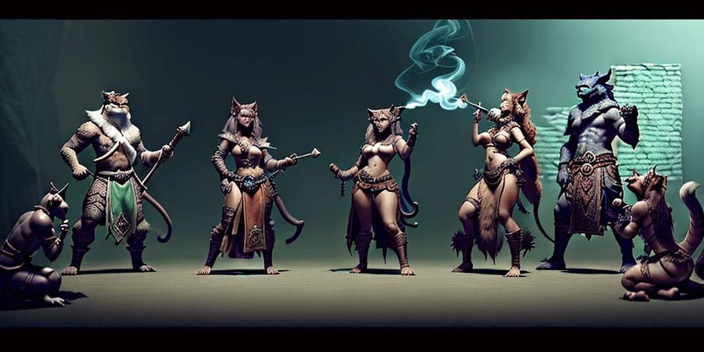AI generated: Please create a portrait of a party of adventurers for dungeons and dragons including a dark furred ...