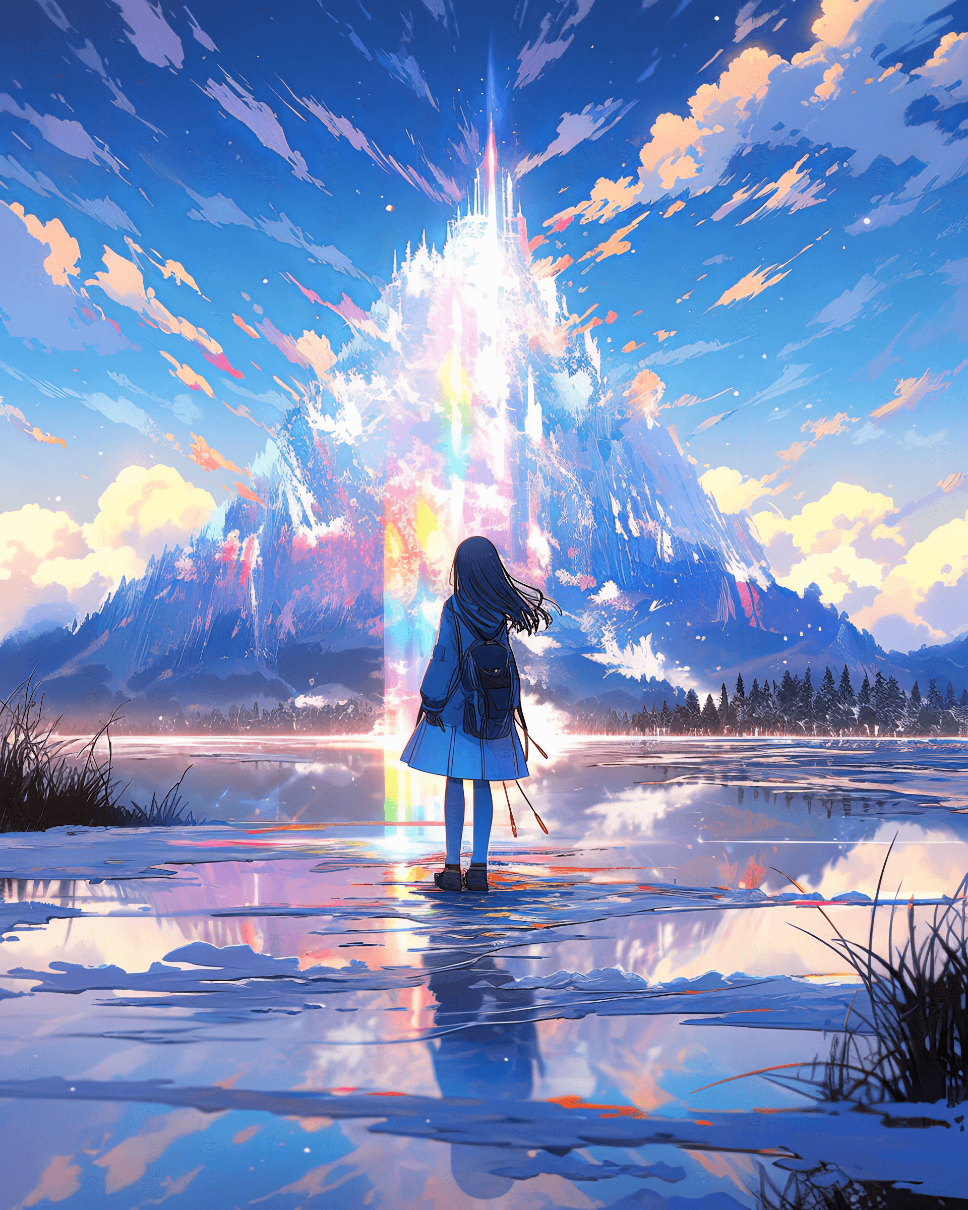 AI generated: a woman standing in front of a lake, in the style of illusory images, angura kei, mamiya 7 ii, lumin...