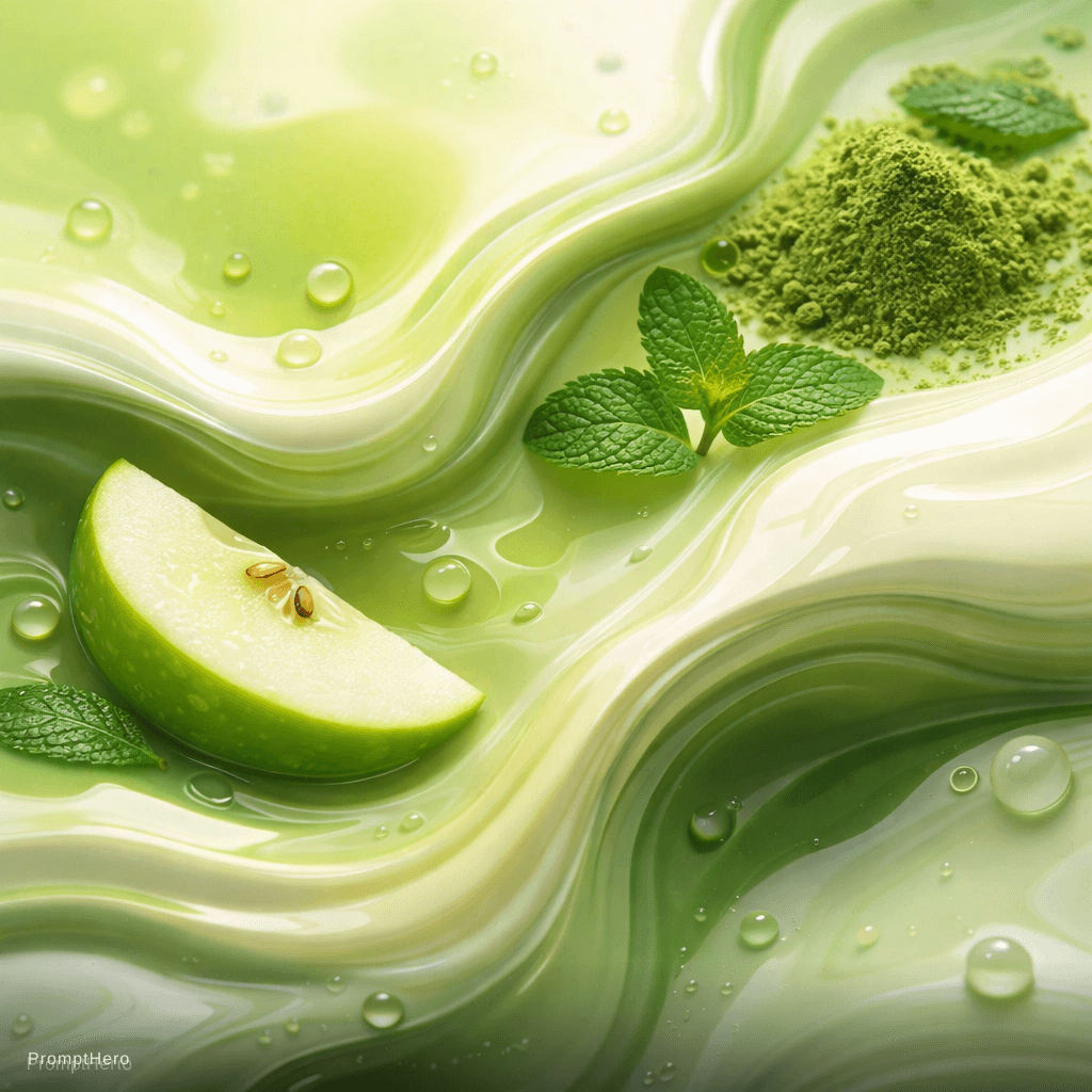 AI generated: A high-end abstract fluid composition featuring a harmonious blend of green apple and matcha element...