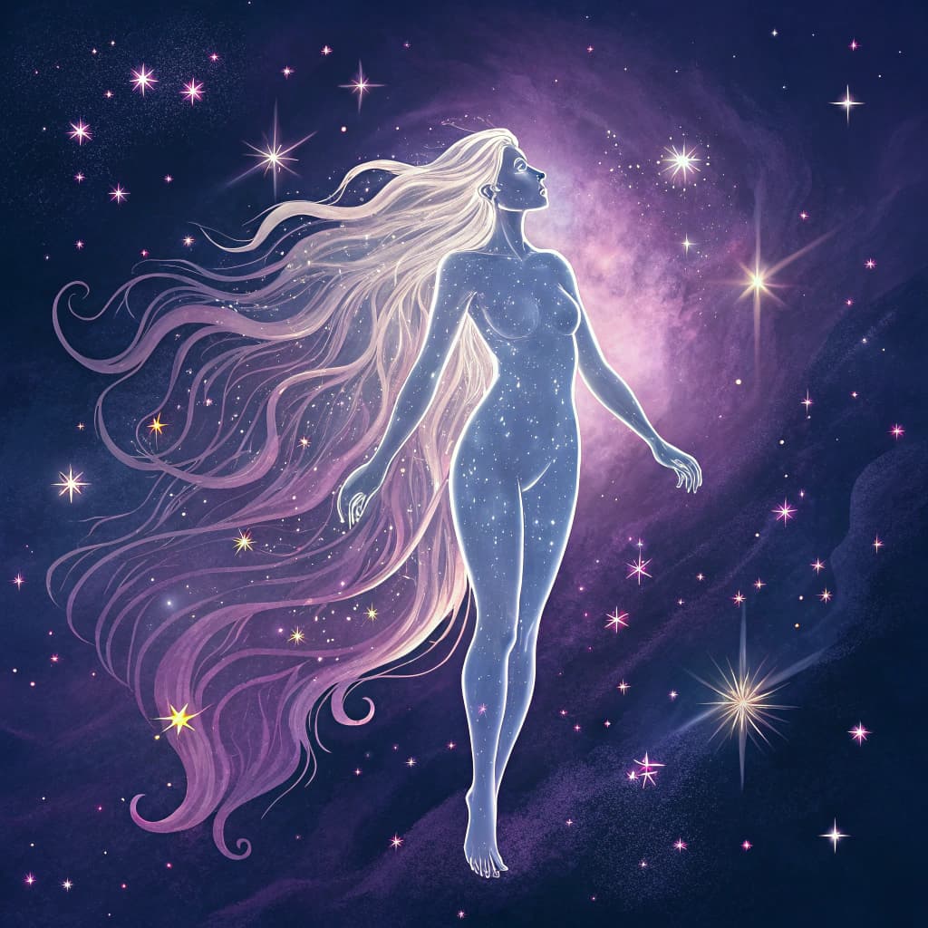 AI generated:  An impossibly seductive cosmic priestess floats nude within the heart of the Shattered Bloom Nebula...