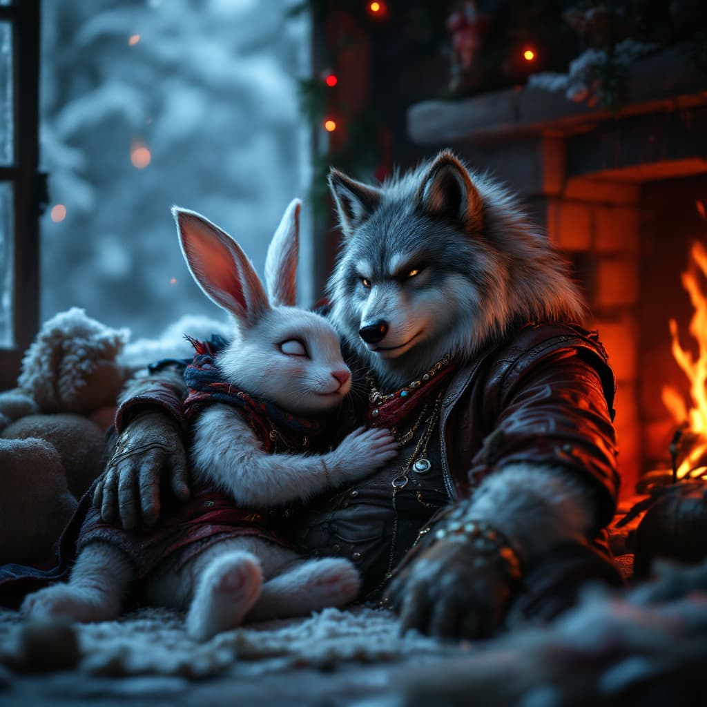 AI generated: bunny and huge wolf in rocker clothes are sitting in an embrace by the fireplace and waiting for a N...