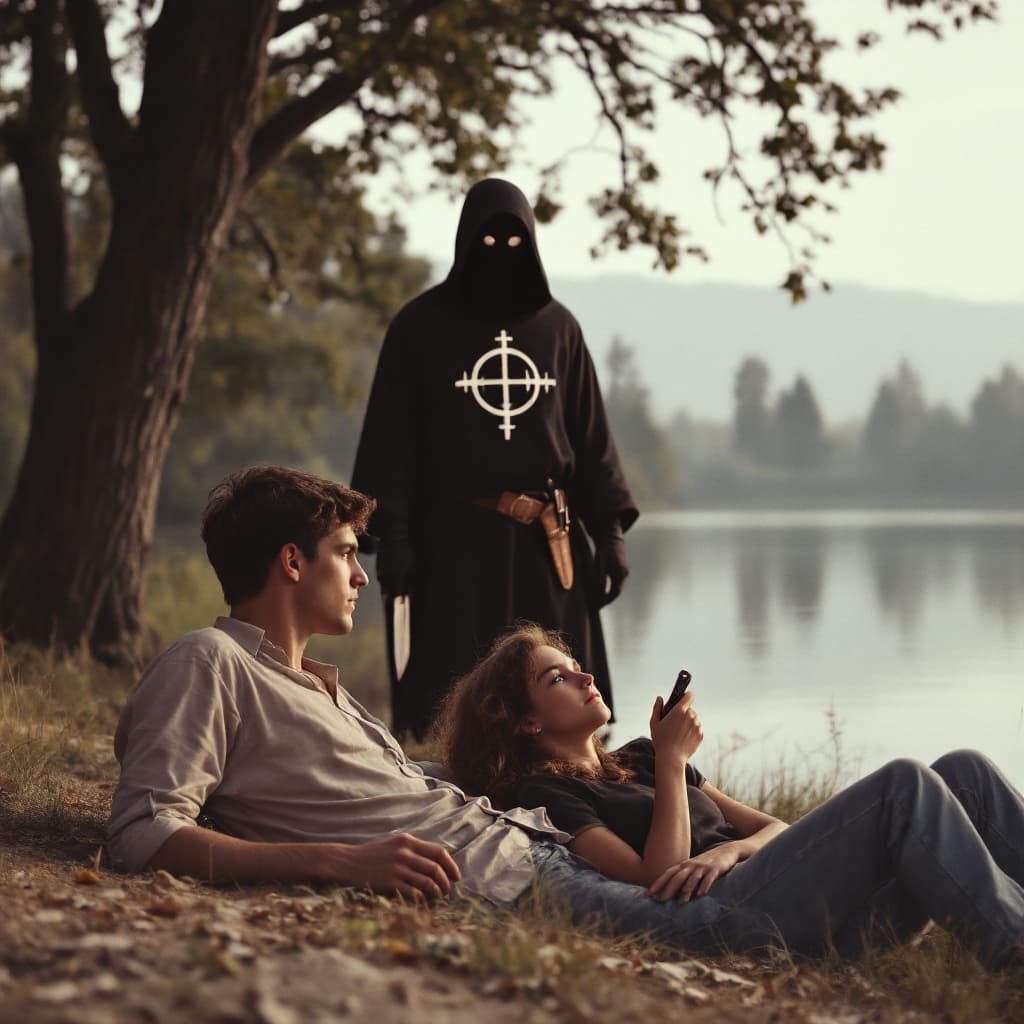 AI generated: Two college students, a boy and a girl are lying on the ground along the shoreline of a peaceful lak...