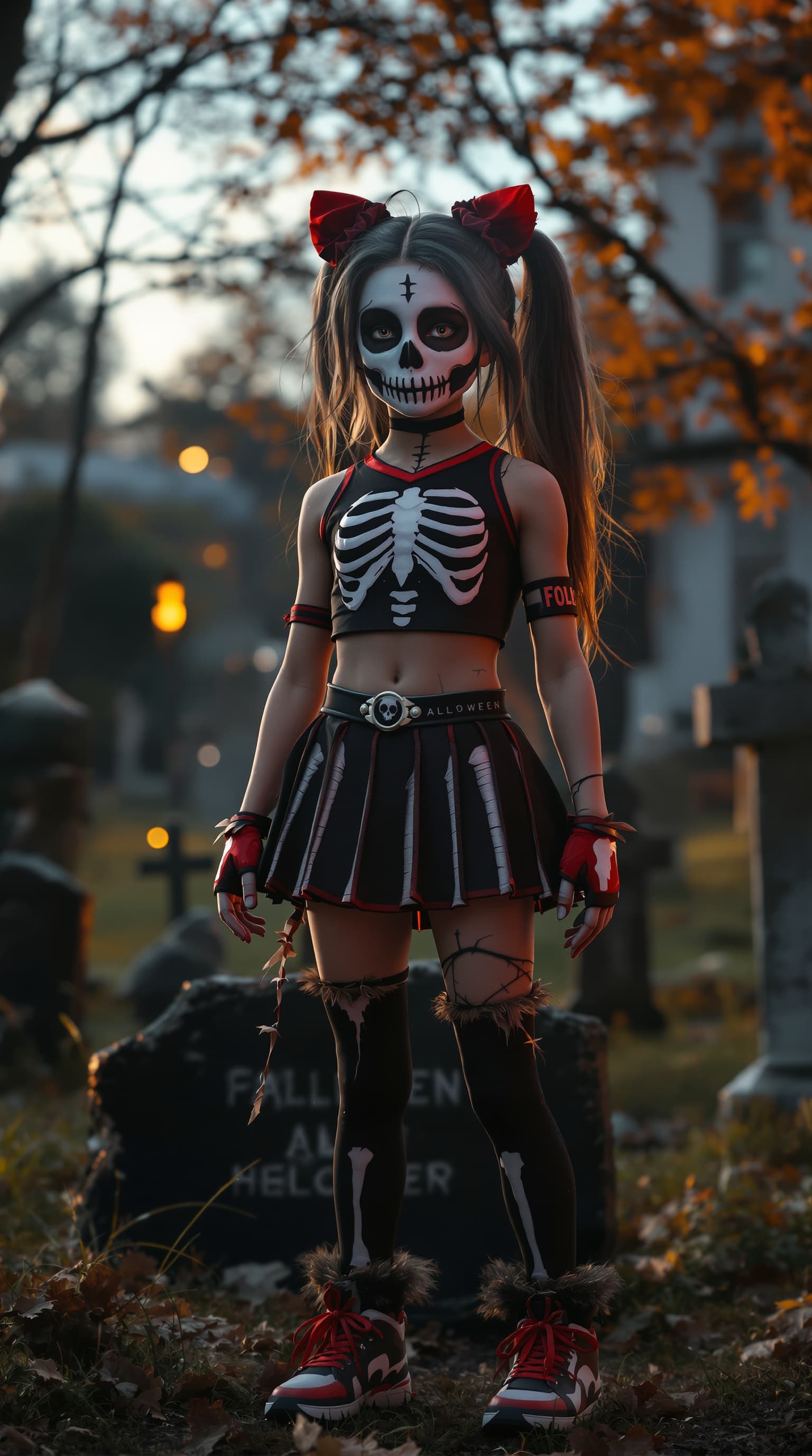 AI generated: A hyper-realistic depiction of a eleven year old girl, dressed in a Halloween Cheerleader Costume, S...