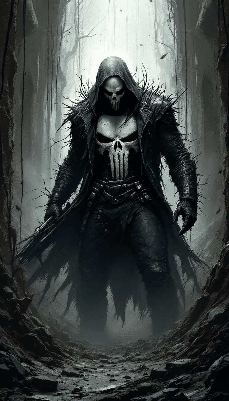 AI generated: dystopian style The evil grotesque Punisher. bleak, post-apocalyptic, somber, dramatic, highly detai...