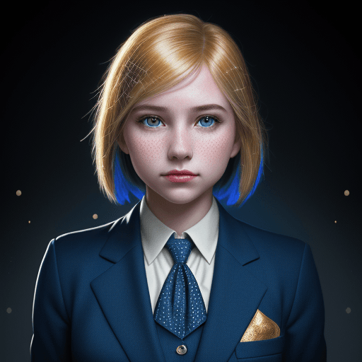 AI generated: Portrait of a young girl, business blue suit,  Pointillism bobolink cinematic lighting, ornate Agfac...