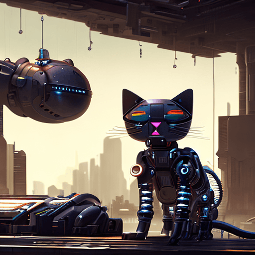 AI generated: (Robotic cat takeover:1.3), (enslaving humanity:1.2), (ominous and dystopian:1.1), Sci-Fi, --HD 8K  ...