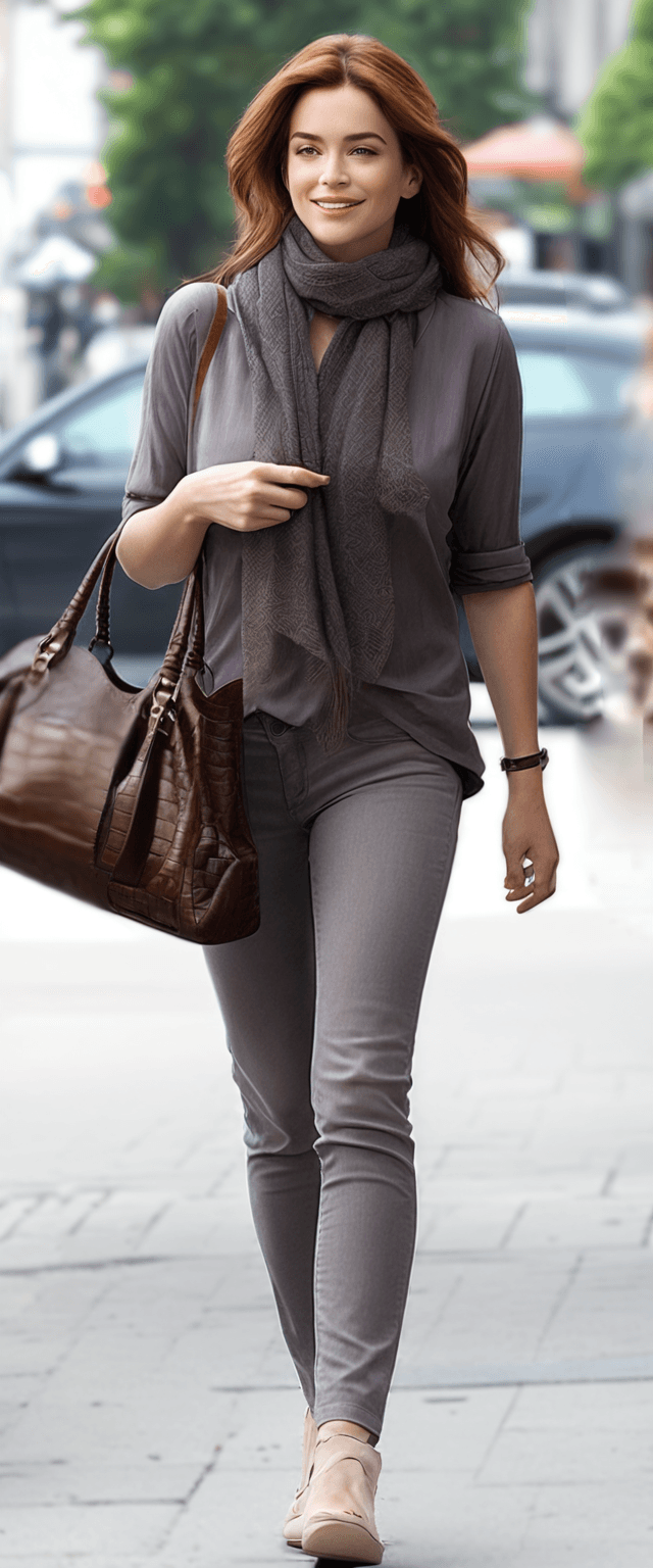 AI generated: The image features a woman walking down a street while holding a brown purse. She is wearing a gray ...