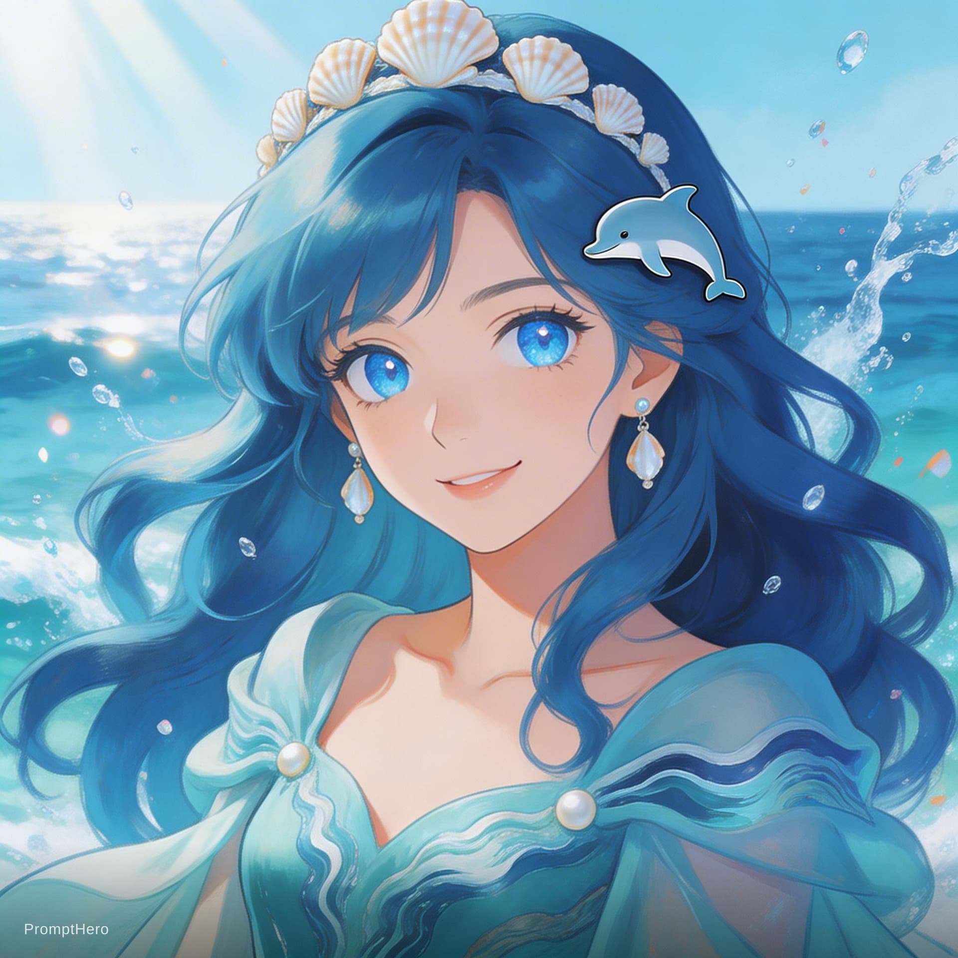 AI generated: A playful anime dancer from the sparkling ocean with a seashell crown and a dolphin hairpin at noon ...