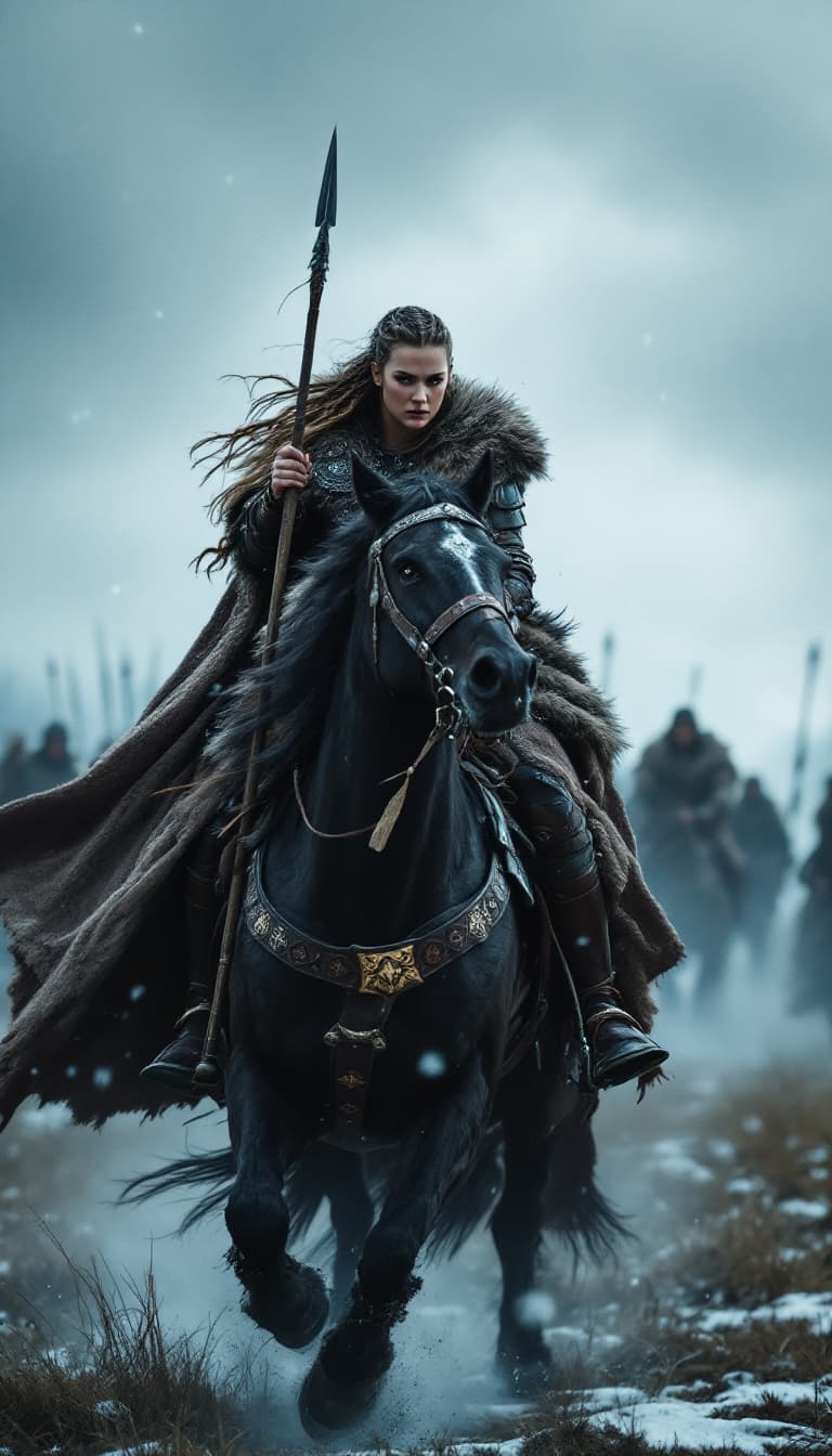 AI generated: A Viking woman riding a powerful black stallion across a misty battlefield; her braided hair flowing...