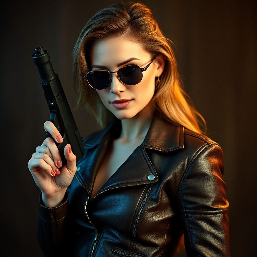 AI generated: Lady in leather with gun