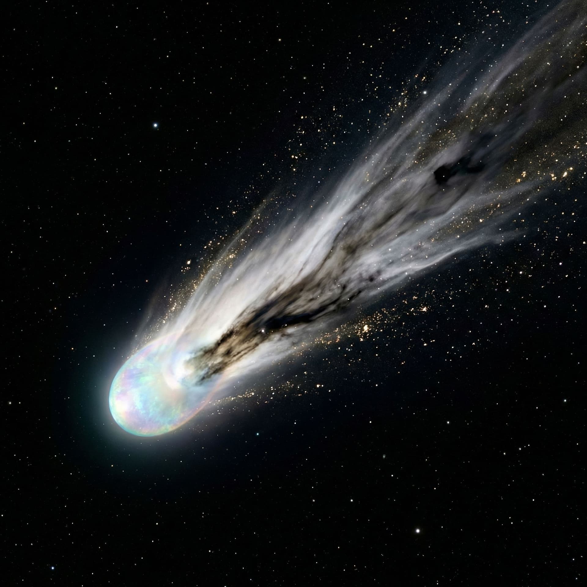 AI generated: a opal white comet with a long white and black tail with white and gold sparkles sprinkling off of i...