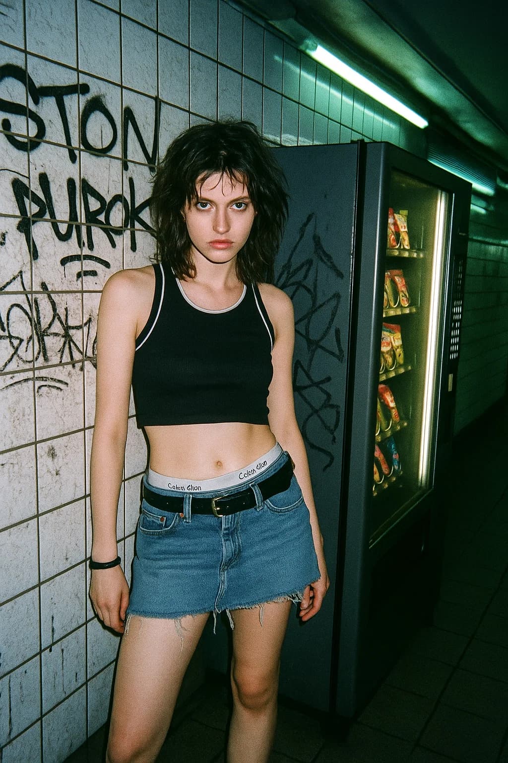 AI generated: Grainy disposable flash snapshot in an underground subway station, tiled walls with graffiti. The sa...