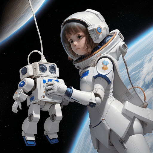 AI generated: a girl with white armor and her small robot friend floating in space with a white rope connecting ea...