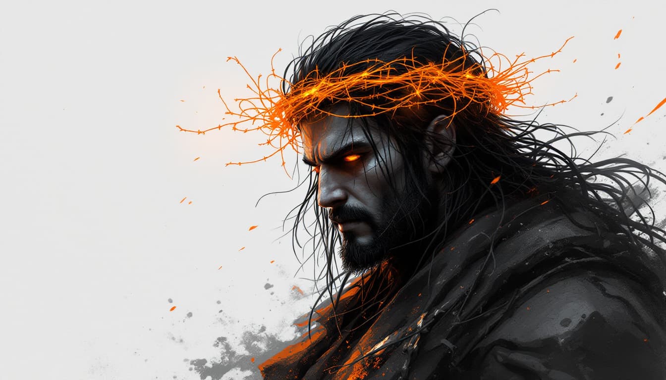 AI generated: An image of a shahrukh khan with crown of barbed wire and a glow orange, in the style of speedpainti...