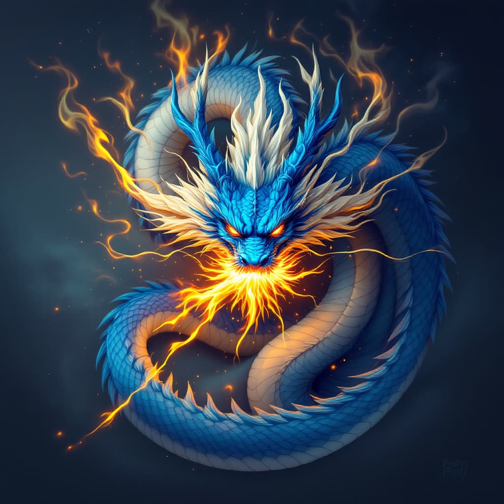 AI generated: three headed blue dragon spitting fire from middle head