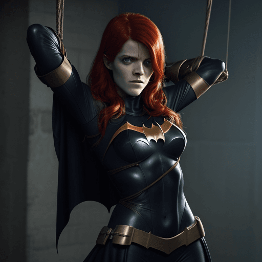 AI generated: Rose Leslie dressed as Batgirl, being held captive by ropes wrapped around her arms and body. 