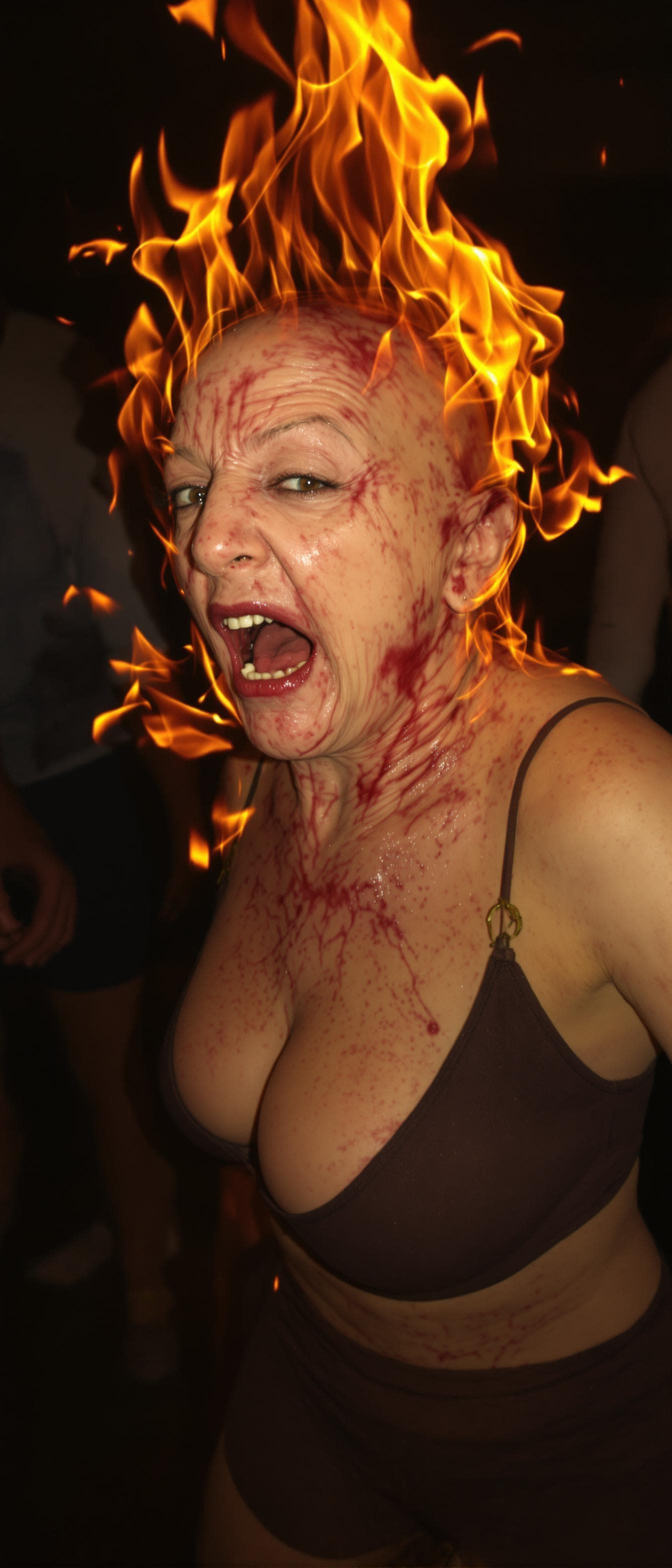 AI generated: An ugly face woman with ugly body  dancing in a party . She is burning in fire . She is bald . She h...