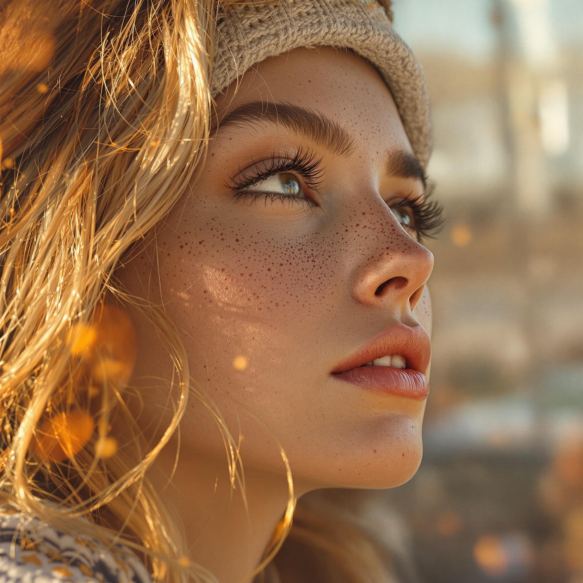 AI generated: a woman with freckles looks out into the world, in the style of vray, white and orange, warmcore, ph...