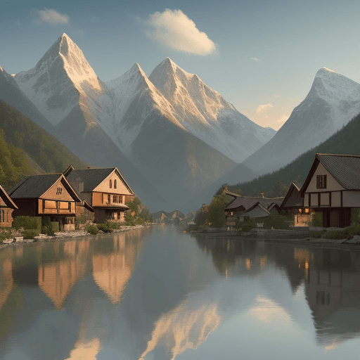 AI generated: "Create an image of a tranquil village nestled between mountains with a serene atmosphere." zen cill...