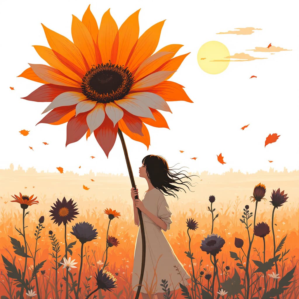 AI generated: A girl holding a huge flower, micro art, girl standing in the autumn field basking in the sun, autum...