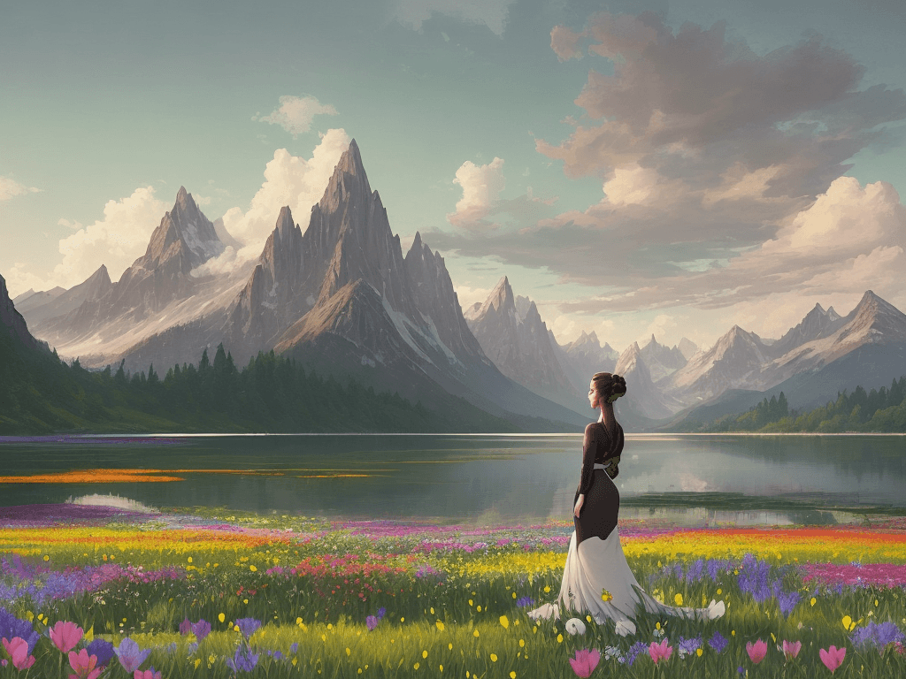 AI generated: a serene and enchanting scene of a woman standing in a field of vibrant flowers, with a majestic lak...