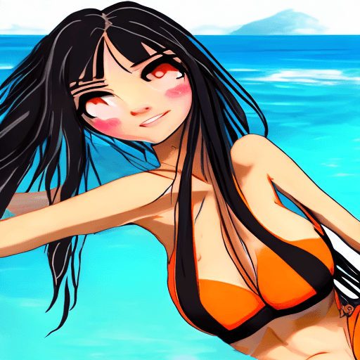 AI generated: orange bikini, eyebrows visible through hair, breasts, orange eyes, long hair, black hair, sfw, clea...