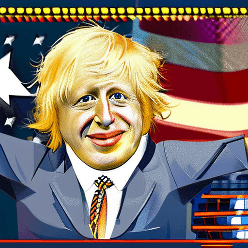 AI generated: Cartoon Boris Johnson on a rocket with money, in space