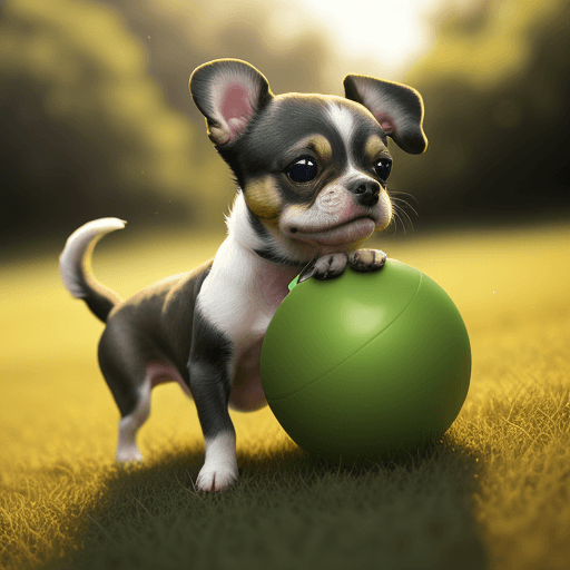 AI generated: a small dog in a green field with a ball, a stock photo by Elke Vogelsang, Natural Lighting 