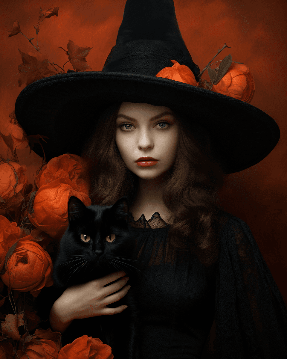 AI generated: painting of beautiful women in witch hats , with one black cat, in the style of patty maher, photo, ...