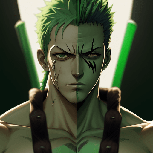 AI generated: roronoa zoro, one piece anime, three sword, vertical scar over right eye, green hair, symmetrical bo...