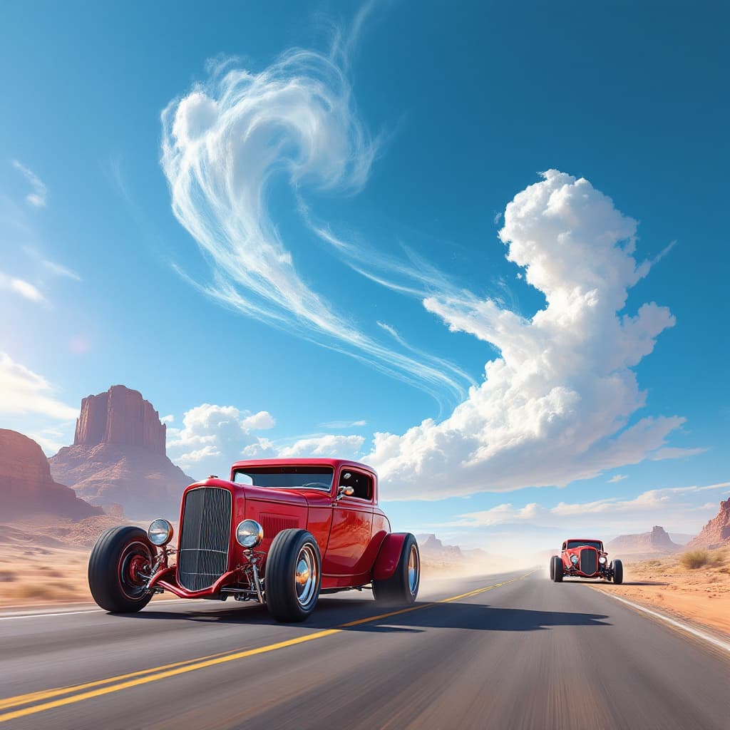 AI generated: a red retro-style car flying mid-air, another similar red car driving on a desert road, both with 19...