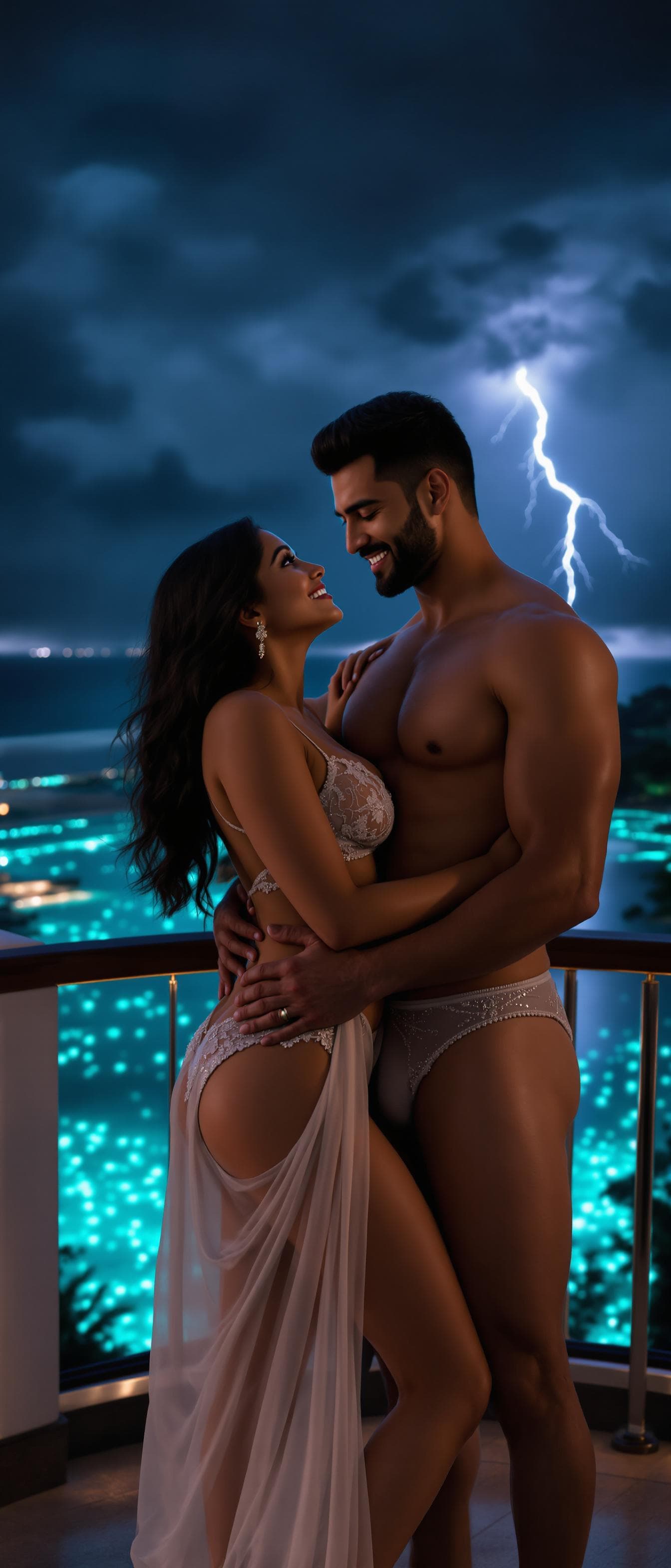 AI generated: An Indian couple standing together on a luxurious balcony overlooking a bioluminescent beach under a...