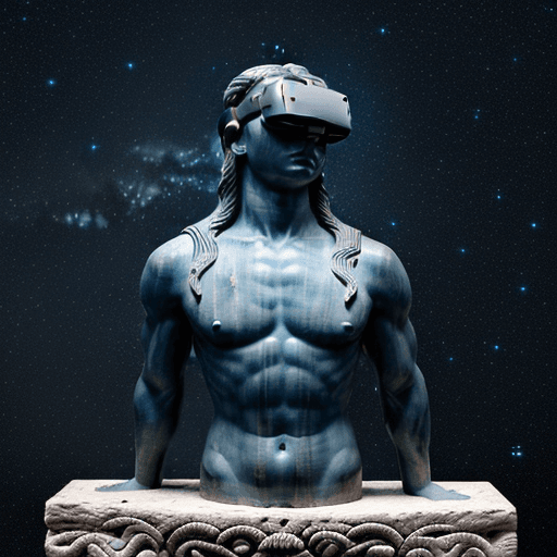AI generated: deeply carved Greek sculpture depicted in ancient dark blue stone of an Greek god wearing a VR heads...