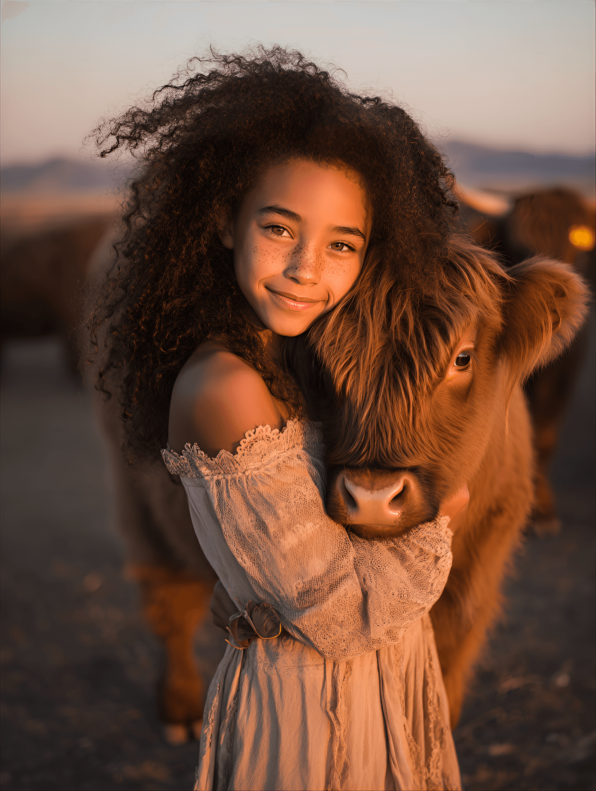 AI generated: young girl with dark brown, curly hair, and a warm, joyful expression is centered in the image, hugg...