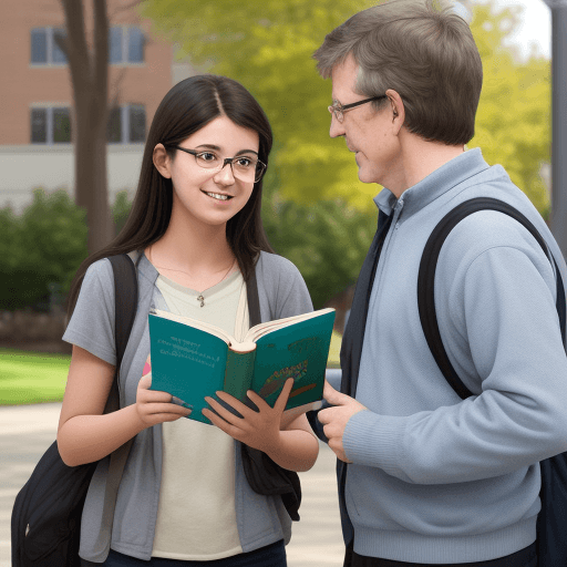 AI generated: college student speaking with middle-aged professor on campus about reading, sharing books, colourfu...