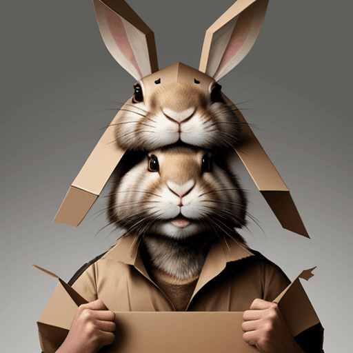 AI generated: wild rabbit with cardboard on head, saber-toothed